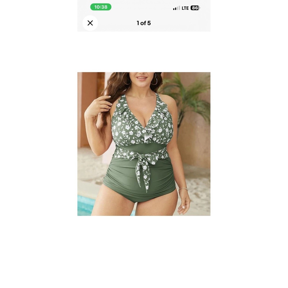 BloomChic 30 olive one-piece tropical floral ruffled top solid ruched bottom New
